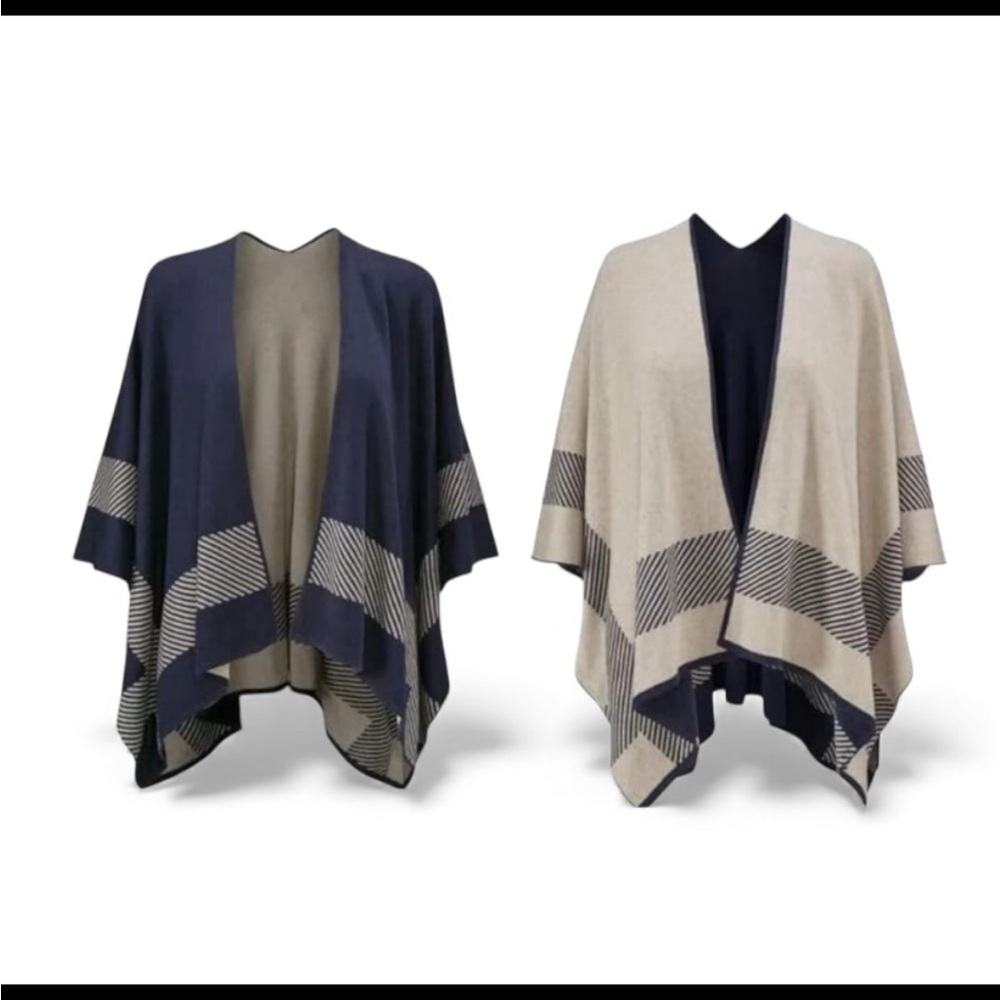 Cabi reversible sweater wrap pinch open cardigan M/L navy blue tan